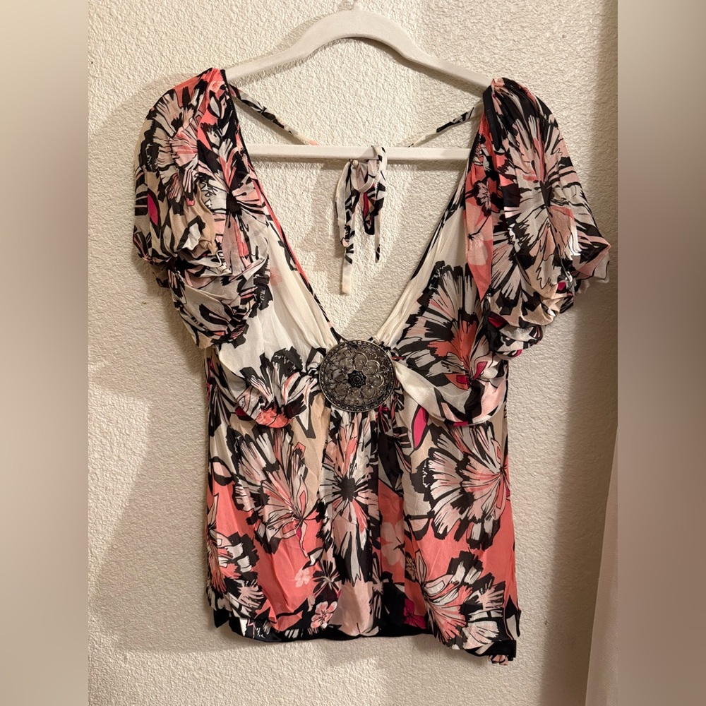 bebe Pink and Black Floral Blouse